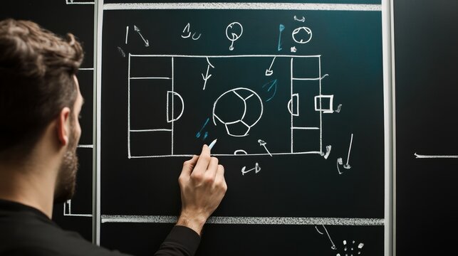 Coach drawing a soccer football game strategy in the locker room