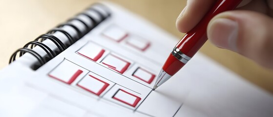 A close-up image of a hand holding a red pen, marking checkboxes in a planner or notebook. This image symbolizes organization, task management, or project planning.