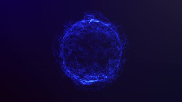 Abstract  energy sphere from chaotic particles and waves . Magical glowing orb on a dark  background. Dark blue electric futuristic moving core. 4K 60 fps