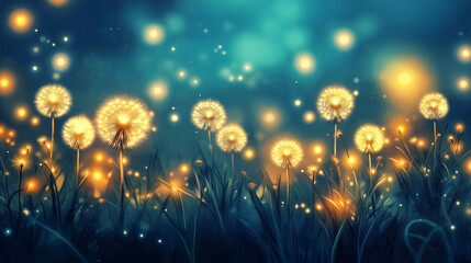 Magical Dandelion Field Illuminated by Golden Lights under Twilight Sky