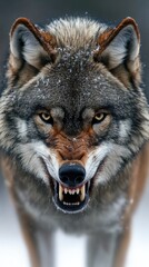 Fototapeta premium A fierce wolf snarls in a snowy landscape, showcasing its powerful presence.