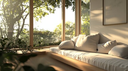 3D render of a side window seat.There are wood seats, a white room, and numerous pillows for decoration.Large windows provide a glimpse of the surrounding landscape.