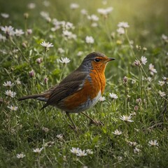 Fototapeta premium A robin chirping in a blossoming spring meadow.