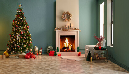 Christmas tree and fireplace with new year concept, parquet, furniture in the green wall background.