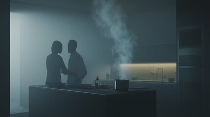 Couple joyfully preparing meal together in contemporary kitchen, symbolizing teamwork and shared moments in a harmonious home environment.