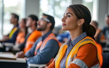 A group of professionals in safety vests attentively listening during a training session in a modern office environment, focusing on workplace safety and team communication.