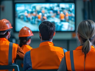 A group of workers in safety gear attentively watching a training session on a large screen