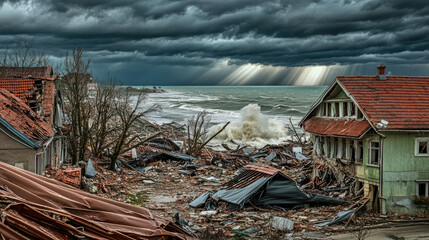 A shattered coastal town with storm clouds and faint sunlight, symbolizing devastation and resilience after a hurricane.