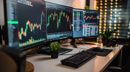 Trading Workspace with Monitors Displaying Market Charts and Data