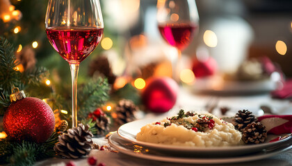 Fototapeta premium Mashed potatoes, christmas dinner, festive decorations, holiday feast, homemade meal, new year celebration, heartwarming dish