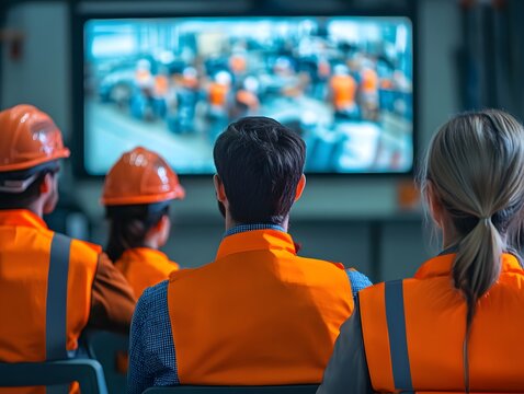 A group of workers in safety gear attentively watching a training session on a large screen