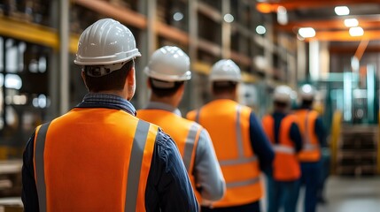 A line of workers in safety gear waiting in a warehouse, showcasing teamwork and professionalism in an industrial environment