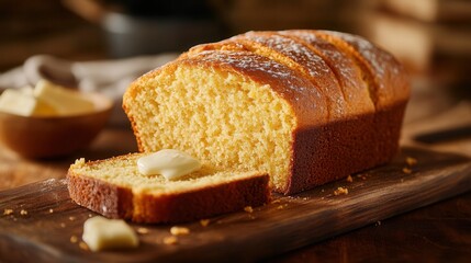 a golden loaf of classic cornbread fresh out of the oven, sliced and served with a pat of melting butter on a wooden cutting board. 
