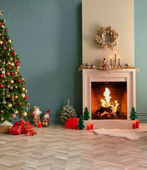 Christmas tree and fireplace with new year concept, parquet, furniture in the green wall background.