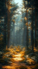 Obraz premium Sunbeams Illuminating a Forest Path
