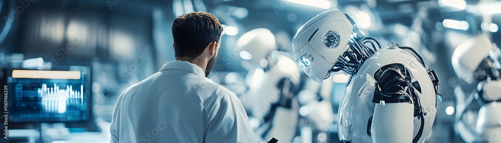 Poster a scientist observes advanced robots in a high-tech lab, showcasing the integration of artificial in