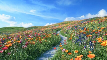 Colorful wildflowers bloom along a winding path uphill