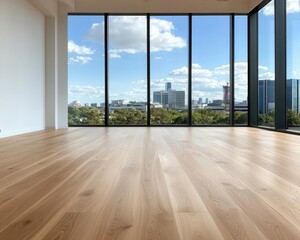 Openplan executive office space with polished wood floors and glass walls under construction, panoramic city views, warm midday light