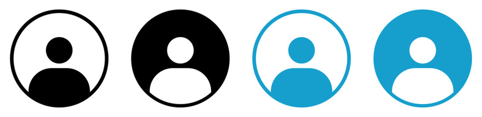 Avatar account vector icon set in black and blue color. Default social media profile picture sign symbol. User portrait icons set. Silhouette, outline and flat design. Vector illustration.