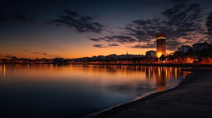 Fototapeta premium A view of the Guadalquivir River, the Tower of Gold, and Torre Sevilla in the distance
