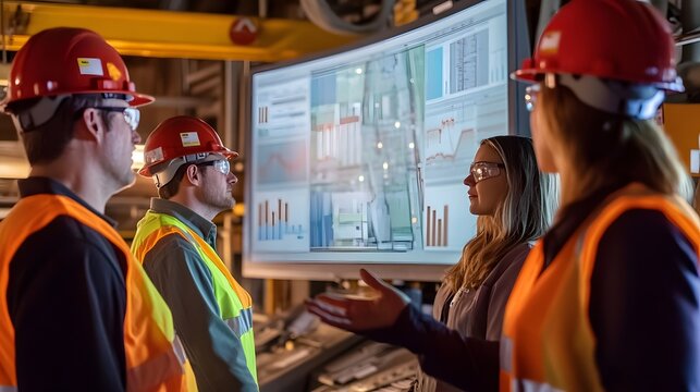 A team of engineers and workers in safety gear review data on a large screen in a modern industrial setting, showcasing collaboration and advanced technology in the workplace.