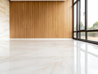 Fototapeta premium Executive office with polished marble flooring and wooden paneling under construction, glass doors being installed, soft evening glow