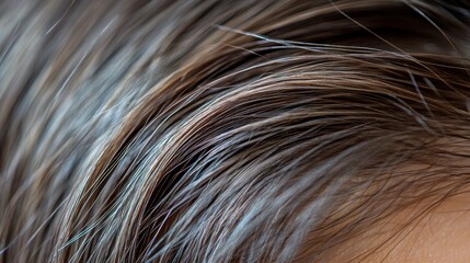 Close-up shot of brown hair with subtle grey highlights. Ideal for hair care, beauty, and health websites.