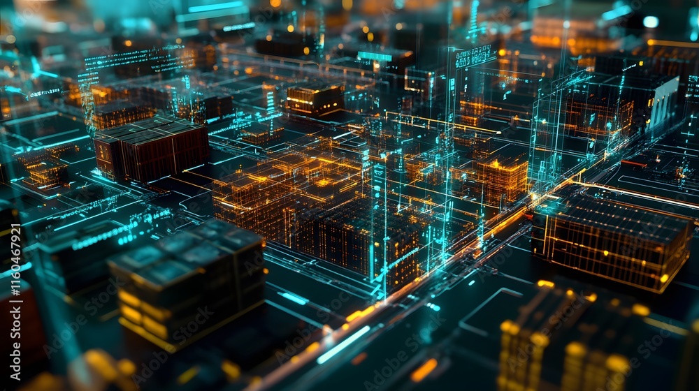 Poster abstract representation of a digital network, featuring intricate connections and vibrant data flows