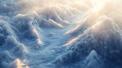 Fototapeta premium A close-up of a frozen lake's surface showing intricate ice patterns, with snow-dusted edges and sunlight glistening off the surface.