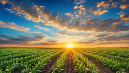 A Stunning Sunset Over a Corn Field with a Clear Blue Sky Evoking Peace and Calm