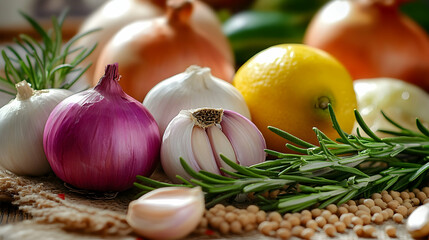 Vegetables with garlic, onion, rosemary, green lemon, cumin seeds, natural light, soft shadows,