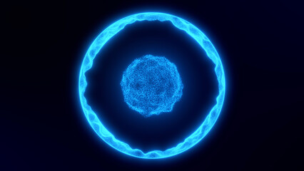 Two-part abstract  seamless loop energetic glow particle sphere.  A blue ball with a round core that glows with a bright electric light . Hi-tech futuristic background.Video 4k 60 fps © Aksver