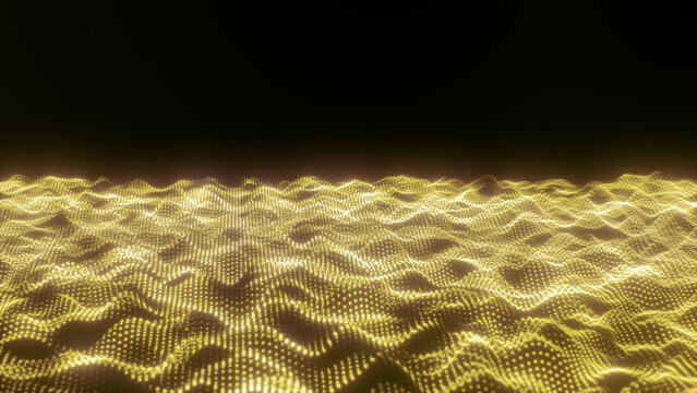 Seamleas loop digital abstract  cyberspace futuristic background.  Gold and yellow  color particles wave flowing with lines and dots. Motion gilter bright  blurred backdrop. 4k