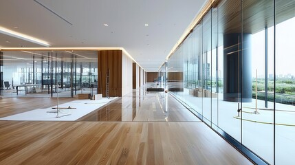 Elegant office conference room under construction, luxury wood paneling being installed, large glass windows, sophisticated design, late afternoon