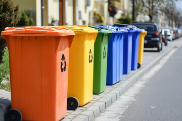 Colorful recycling bins lined up on a street, promoting waste segregation and environmental awareness.