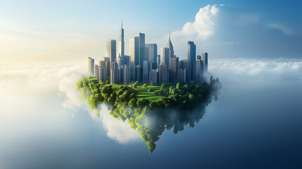 Fototapeta premium A futuristic cityscape floating above clouds, surrounded by lush greenery, showcasing a blend of nature and modern architecture.