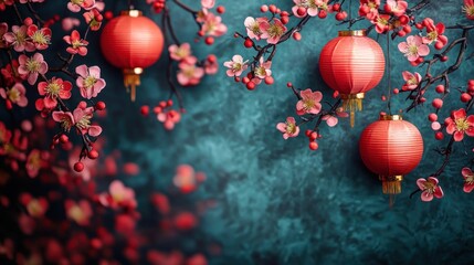Fototapeta premium Red lanterns and plum blossoms on teal background.