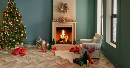 Christmas tree and fireplace with new year concept, parquet, furniture in the green wall background.