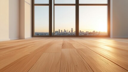 Elegant office lounge with highend furniture under construction, polished wood floors being laid, large windows with city views, soft sunset glow