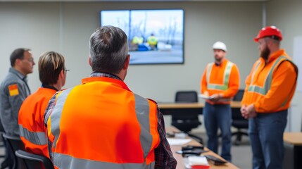 Group of construction professionals in safety vests attending a meeting