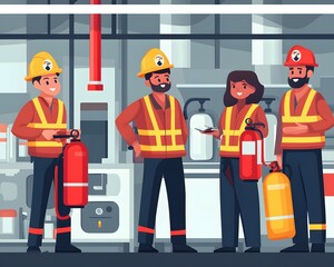 Team of workers with fire extinguishers ready.