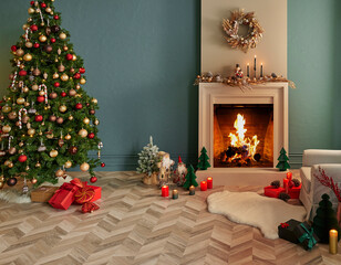 Christmas tree and fireplace with new year concept, parquet, furniture in the green wall background.