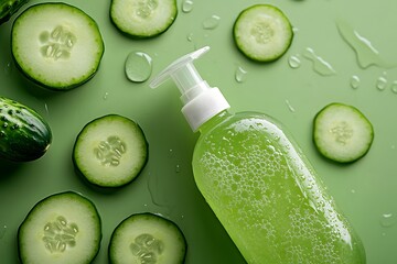 Bottle of cosmetic product, rosemary and slices of cucumber in water on color background