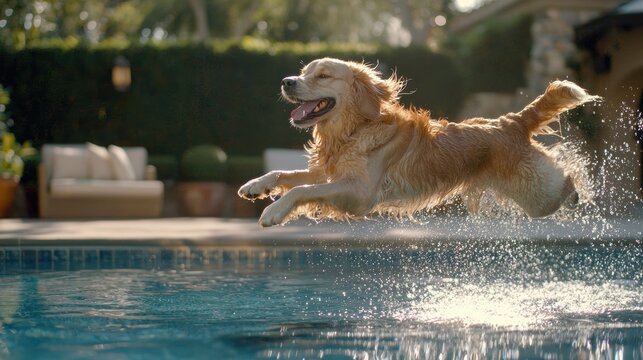 Happy Golden Retriever Dog Jumping into Pool on Sunny Day