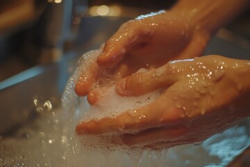 Fototapeta premium Close-up of hands washing with soap and water. Illustrates hygiene, cleanliness, and health.