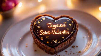 Romantic Joyeuse Saint-Valentin design with heart-shaped themes featuring roses, glowing chocolate treats, and elegant French lettering.