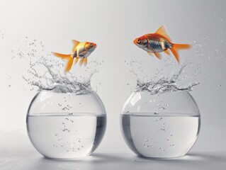 Two goldfish jumping between glass bowls, water splash.