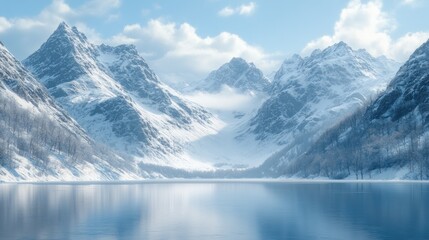 Snowy mountain range reflected in calm lake.