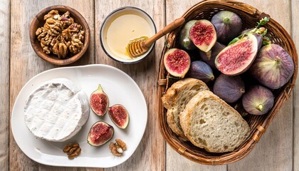 Fresh figs, camembert cheese, honey, walnuts and bread composing a delicious breakfast