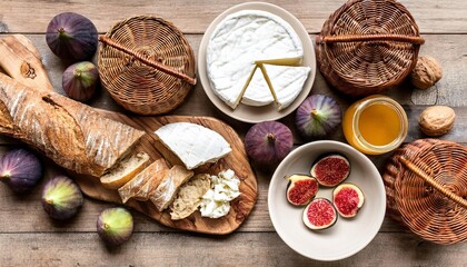 Fototapeta premium French baguette, sliced figs, brie cheese, and honey on rustic wooden table for gourmet breakfast